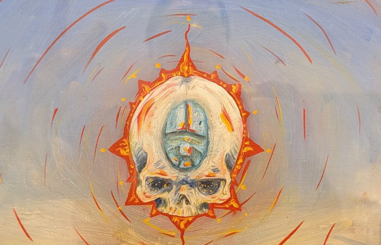 Dharma of the Dead painting done by Jose Rodriguez in 1992 depicting a Grateful Dead skull with a scarab implanted in it's forehead floating amidst colorful dharma mandala-like shapes.
