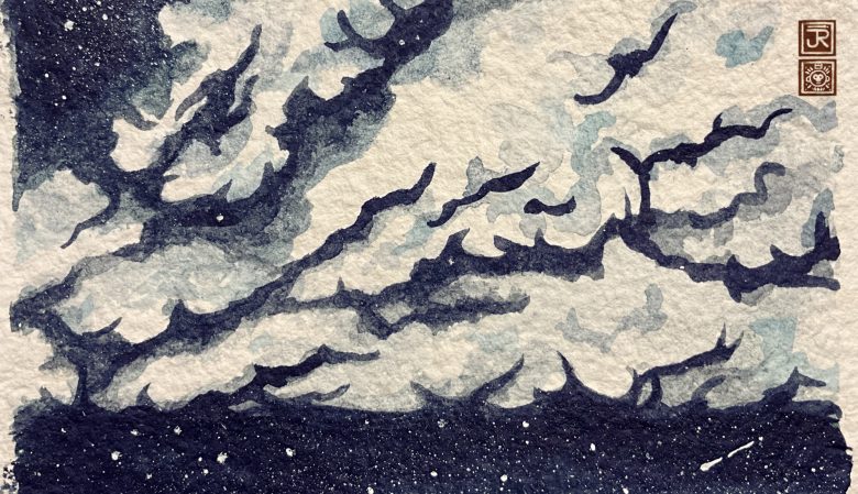 Watercolor painting of a starry sky partially obscured by clouds.