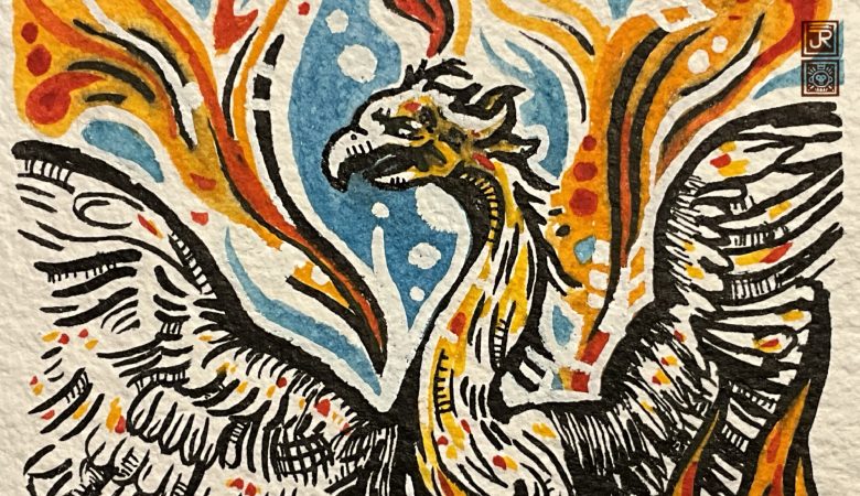 Colorful illustration of a mythical phoenix bird engulfed in flames.